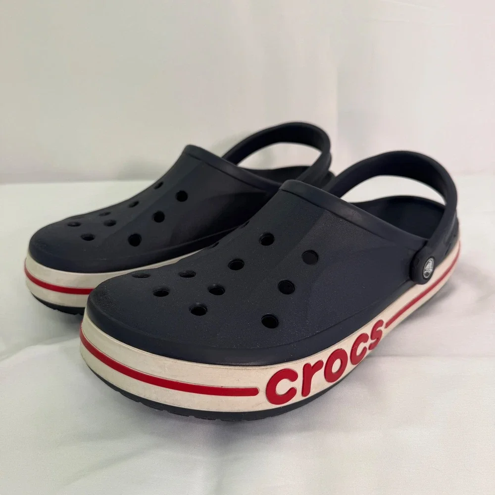 Crocs Bayaband Clog Navy Blue Red White Logo Mens Size 13 Slip On Shoes